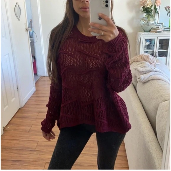 🪞 NEW scoop neck oversized open knit long sleeve sweater in deep burgundy - Picture 2 of 4
